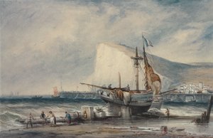 La falaise de Shakespeare, Douvres, avec des luggers sur la plage